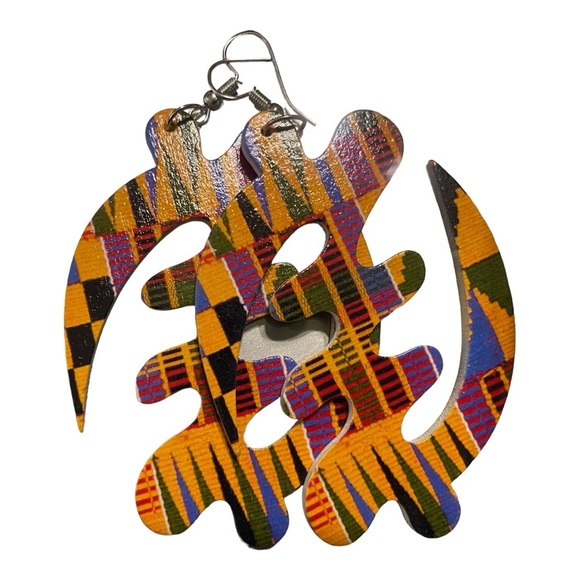 Adinkra Gye Nyame African Print Wooden Earrings 3IN - Picture 5 of 5